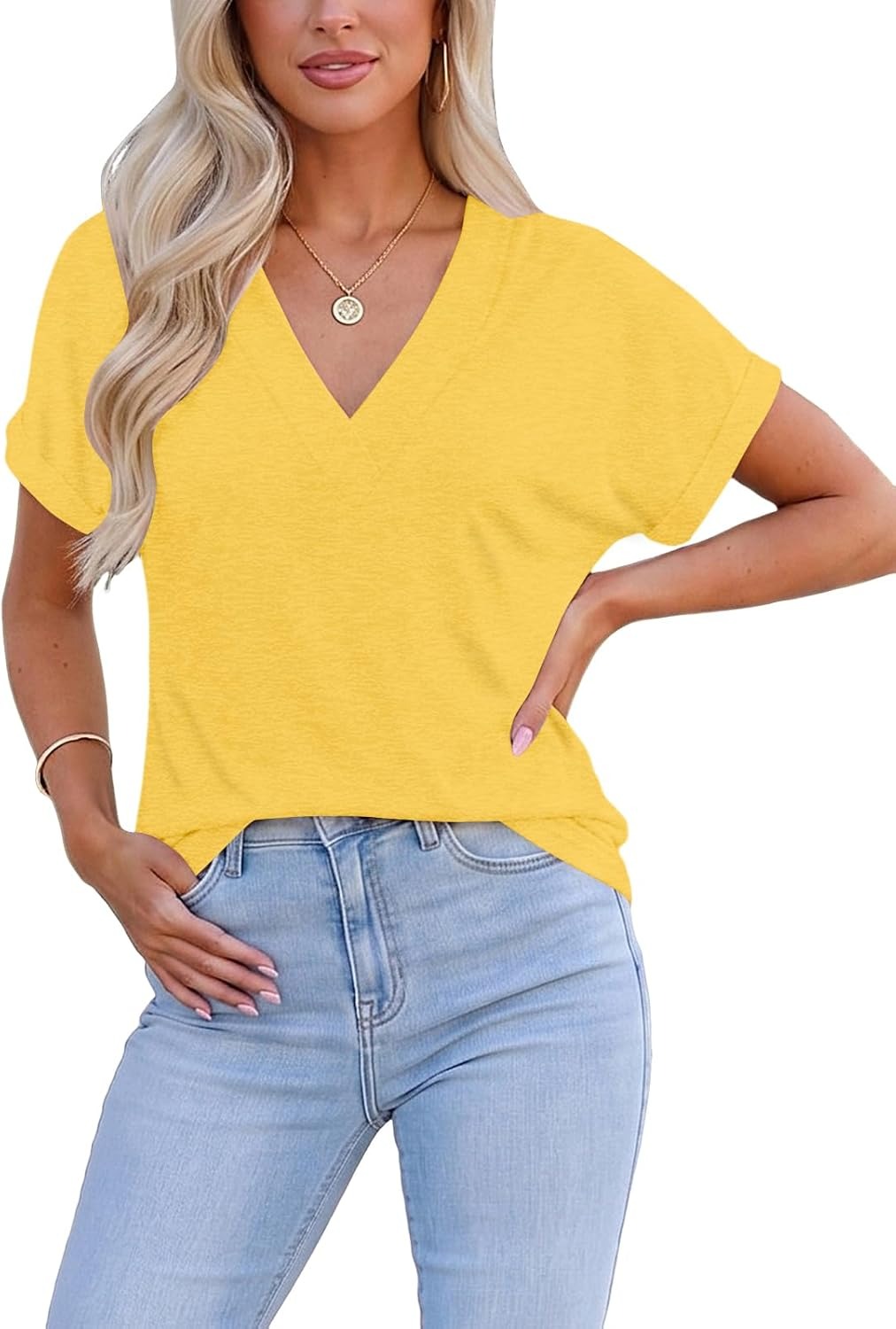 Dames zomer casual slim fit T-shirt met korte mouwen en V-hals in effen kleur
