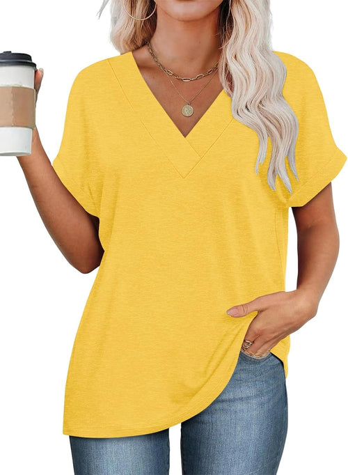 Dames zomer casual slim fit T-shirt met korte mouwen en V-hals in effen kleur