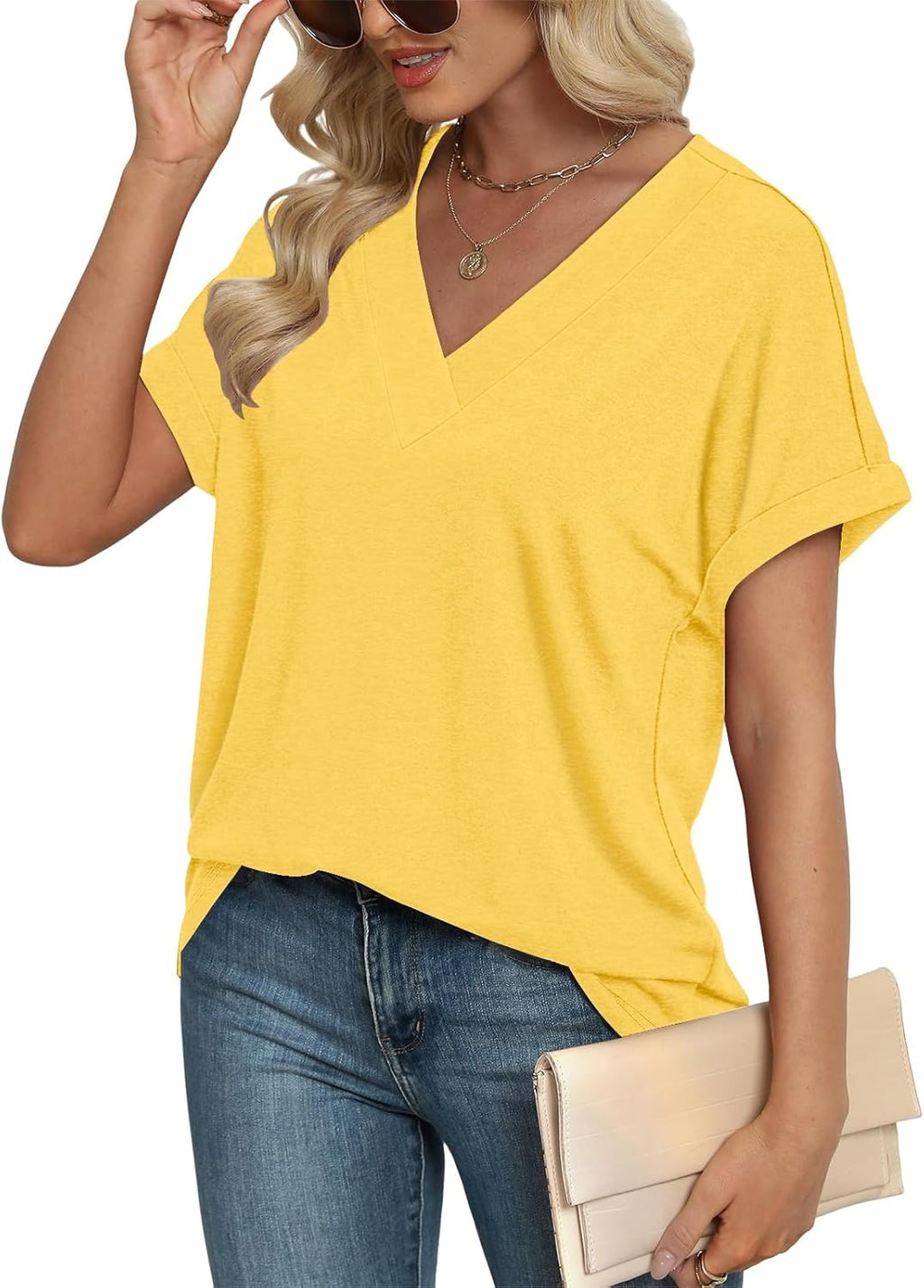 Dames zomer casual slim fit T-shirt met korte mouwen en V-hals in effen kleur